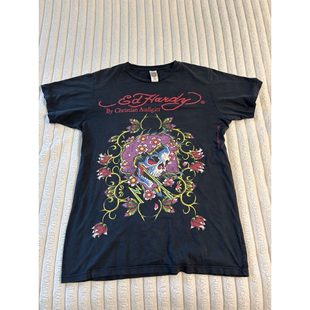 RARE Vintage Y2K Christian Audigier Ed Hardy Skull Rose T Shirt Medium Black Red